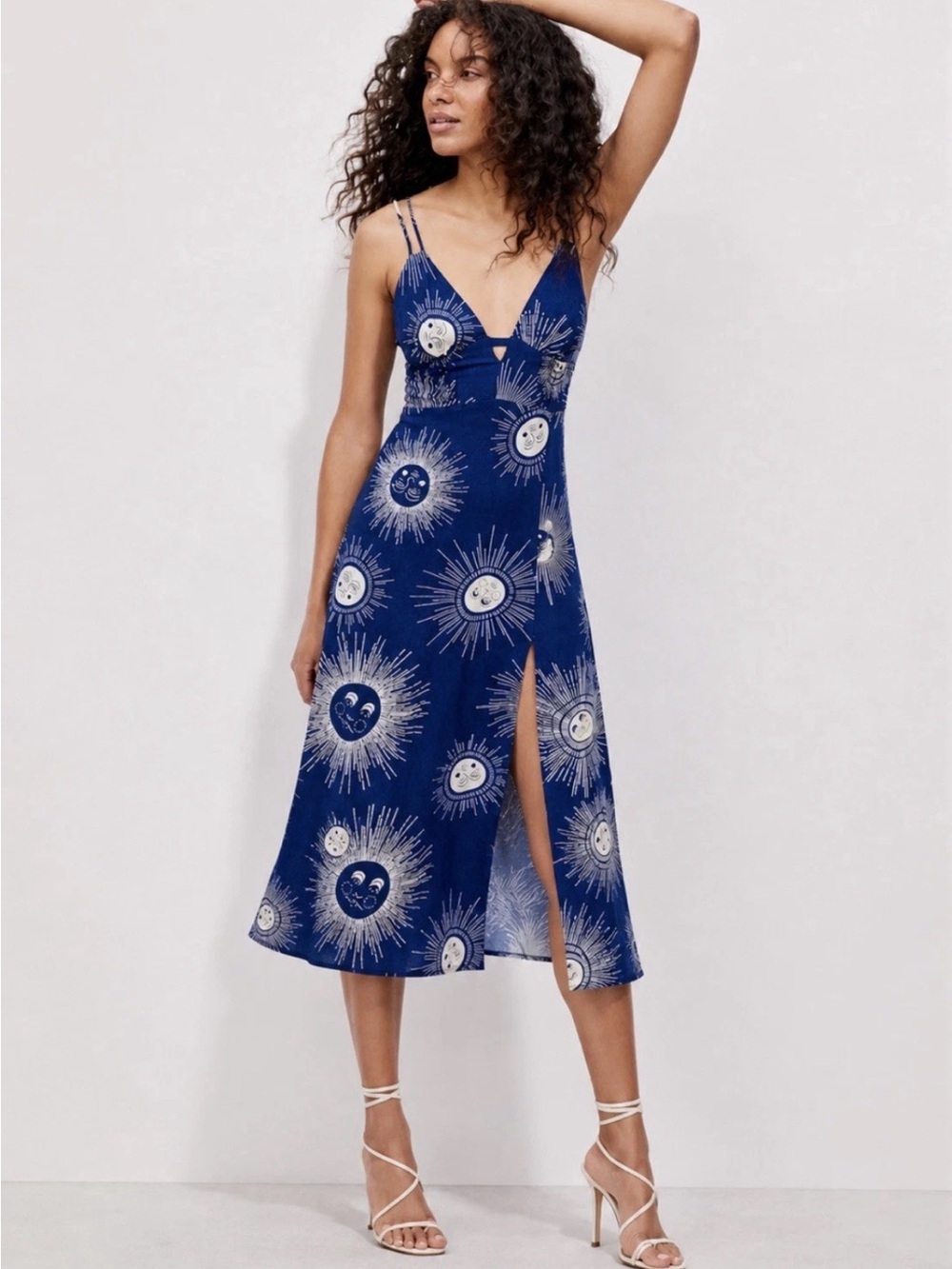 Urban Outfitters Plunging Strappy Dress Navy Celestial Moons Sexy Sz Medium Blue